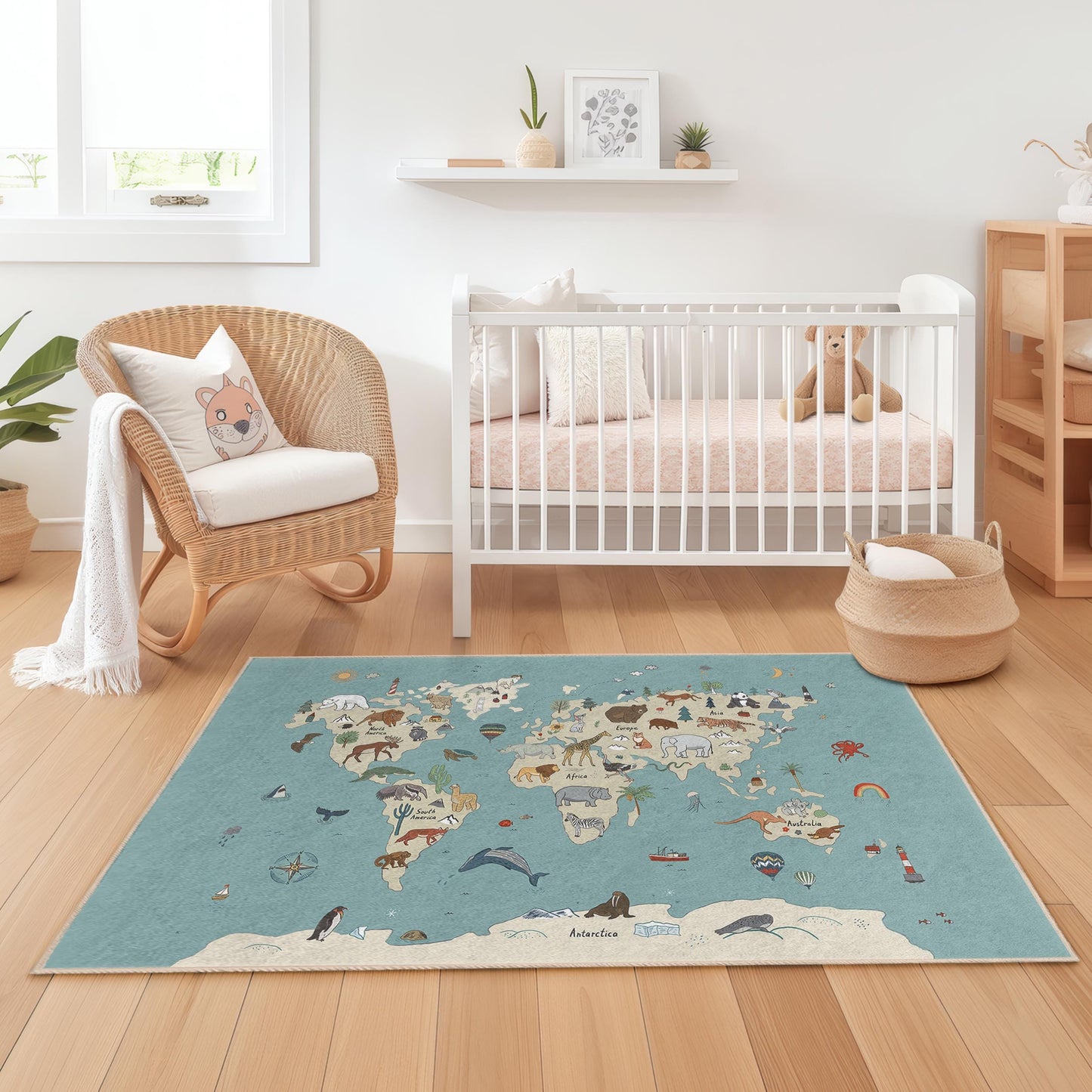 Whimsical Animal Map Kids Rug, Rectangle Playroom Carpet, Educational World Map Rug, Soft Area Rug for Children's Room