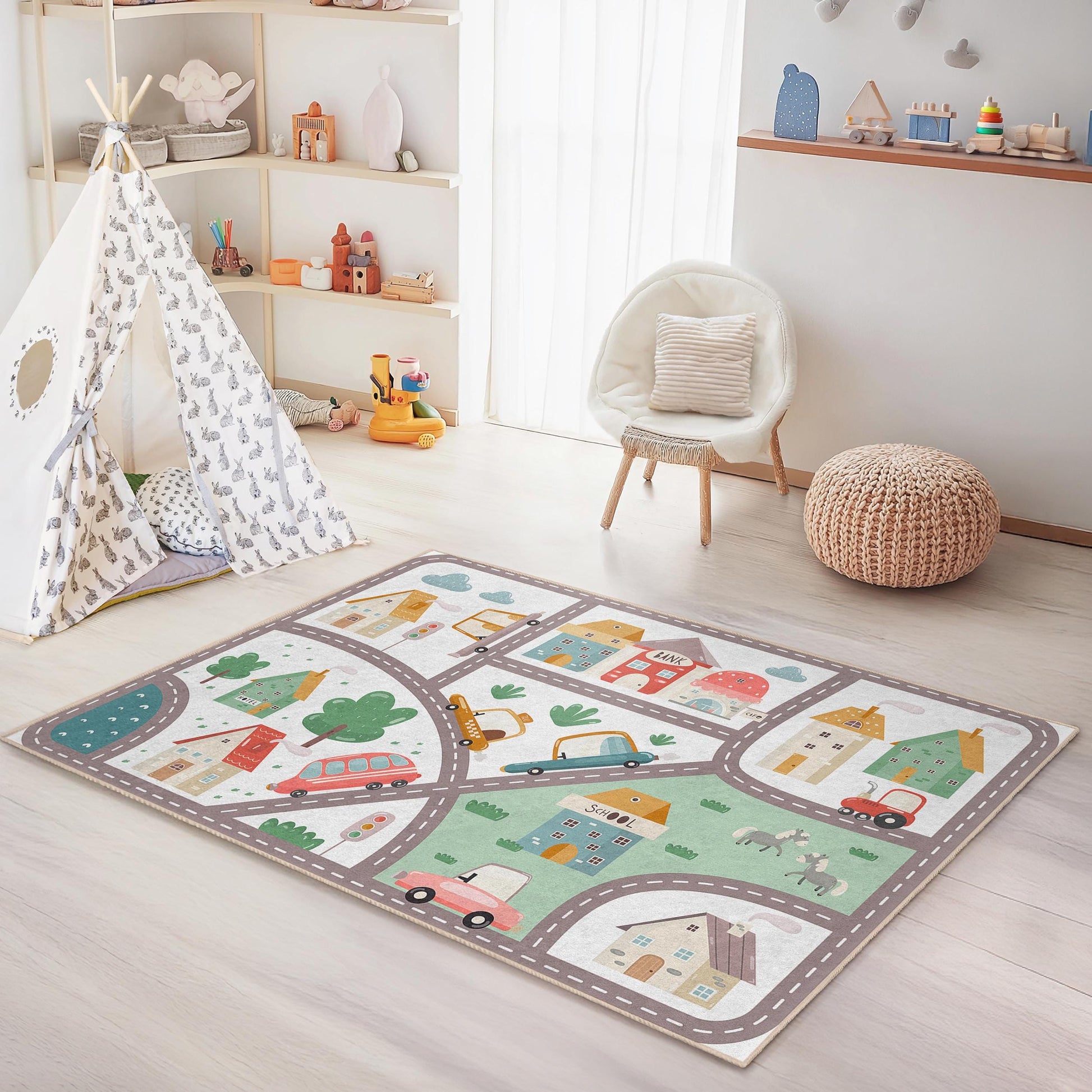 Colorful City Map Kids Rug, Playroom Rectangle Carpet, Soft Nursery Rug, Interactive Play Mat, Toddler Room Decor, Children's Play Rug