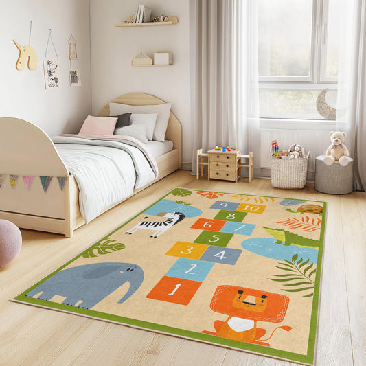 Jungle Adventure Kids Play Rug, Hopscotch Animal Rug, Rectangle Rug for Kids Room, Jungle Decor, Soft Play Mat