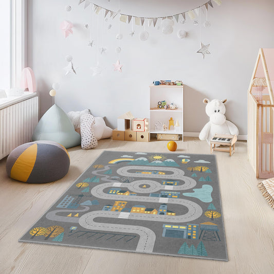 Colorful Road Map Rug for Kids, Interactive Play Mat, Rectangle Kids Room Carpet, Nursery Decor, Child's Playroom Rug