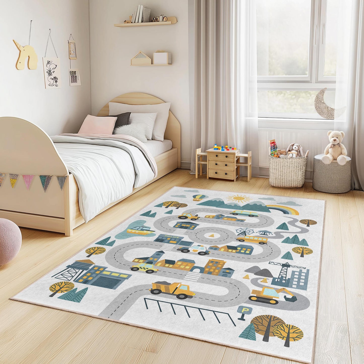 Colorful Road Map Kids Rug: Interactive Play Mat, Nursery Decor