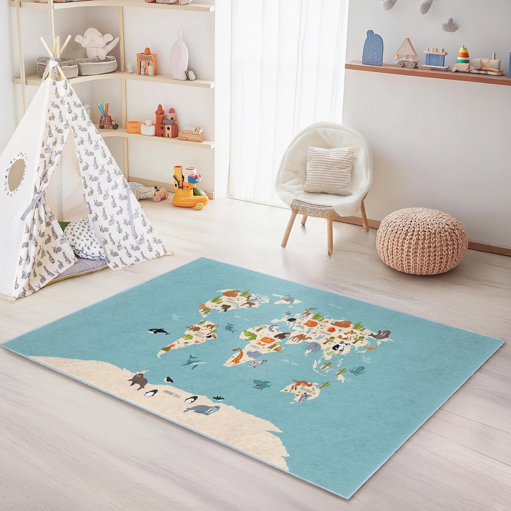 Animal World Map Educational Rug for Kids, Rectangular Kids Play Mat, Animal Themed Nursery Decor, Fun Learning Carpet