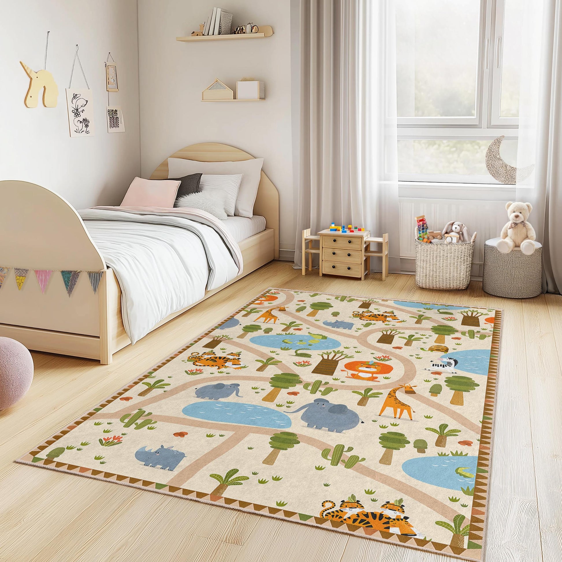 Safari Adventure Kids Play Rug, Animal Themed Kids Rug, Rectangular Play Mat, Jungle Decor for Kids Room, Soft Nursery Rug