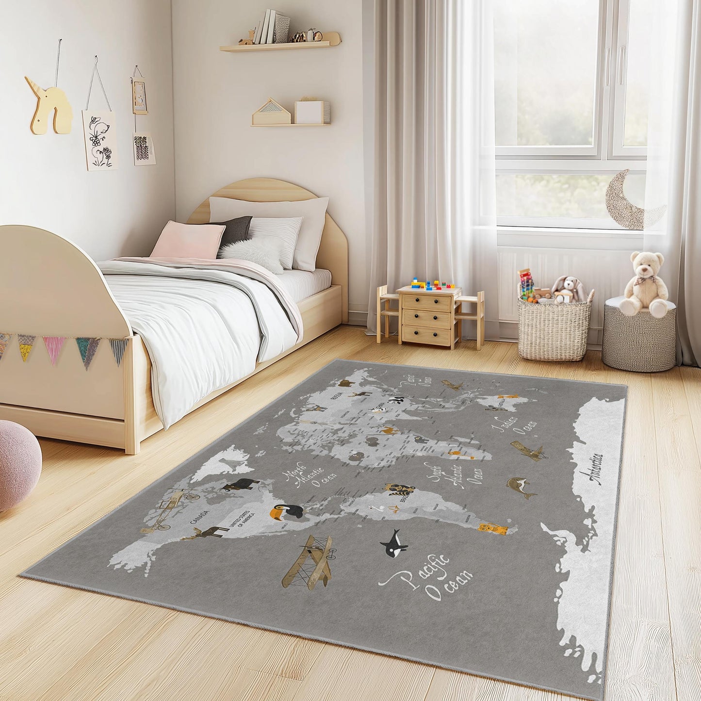 World Map Kids Rug, Educational Rectangle Play Mat, Childrens Room Carpet, Animal Theme Nursery Decor, Soft Playroom Rug