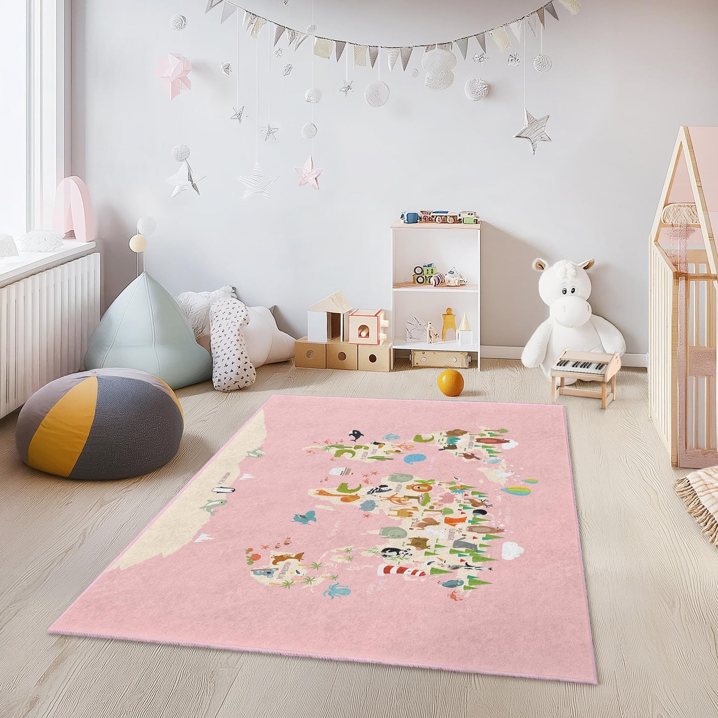 Pink Animal Map Kids Area Rug, Rectangular Play Mat for Children, Cute Animal Design Rug, Nursery Decor, Soft Kids Carpet