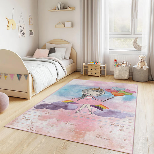 Rainbow Princess Kids Play Rug, Cute Girl Rug, Rectangular Kids Room Carpet, Colorful Play Mat for Girls, Nursery Decor