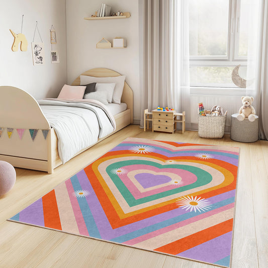 Colorful Heart Pattern Kids Rug, Retro Rainbow Play Mat, Rectangular Childrens Carpet, Nursery Room Decor, Vibrant Kids Flooring