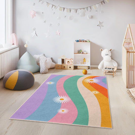 Colorful Waves Floral Kids Rug, Rainbow Stripes Play Rug, Rectangular Childrens Carpet, Nursery Decor, Playroom Flooring