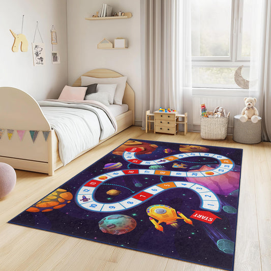 Outer Space Adventure Kids Play Rug, Space Themed Rectangle Rug, Playroom Carpet for Children, Cosmic Game Mat, Nursery Decor