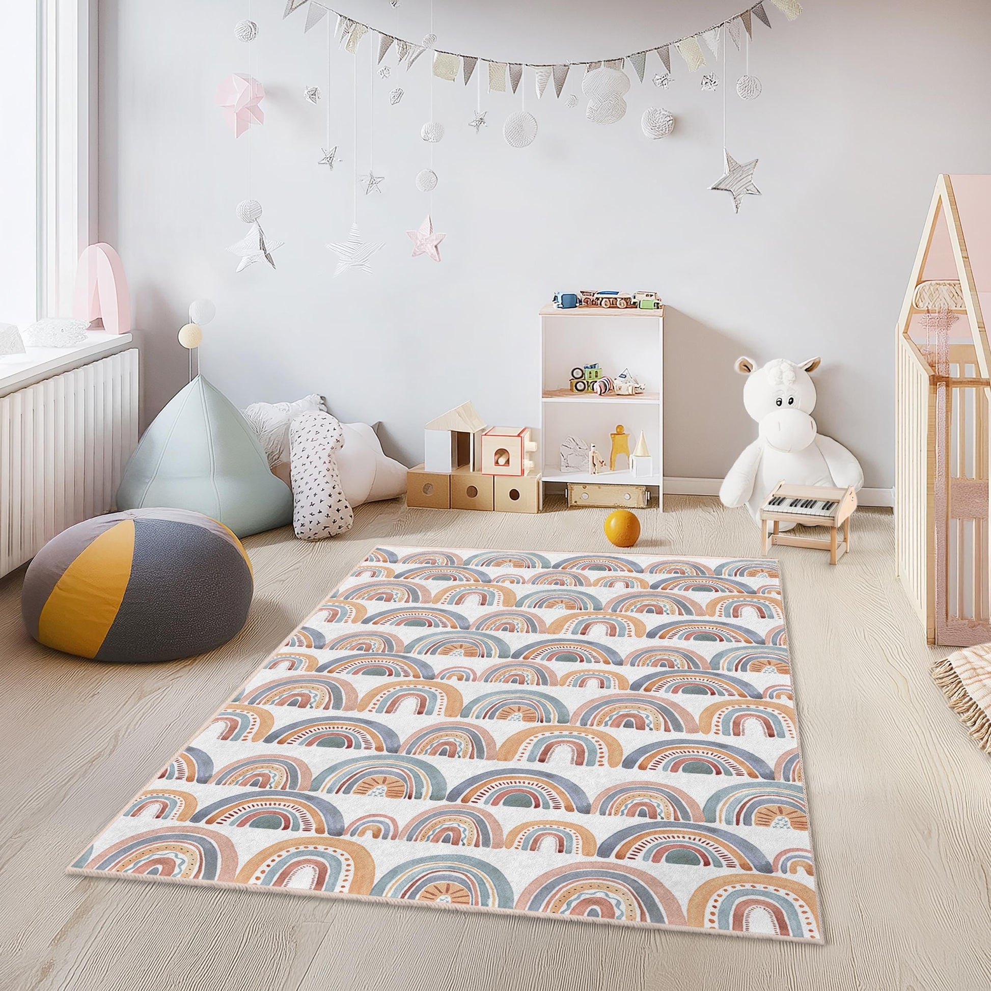 Rainbow Pattern Soft Kids Area Rug, Rectangular Playroom Carpet, Colorful Nursery Decor, Children's Room Rug, Kids Play Mat