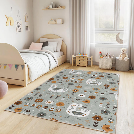 Floral and Bird Pattern Kids Play Rug, Rectangular Nursery Rug, Soft Play Mat for Children's Room, Unique Kids Decor