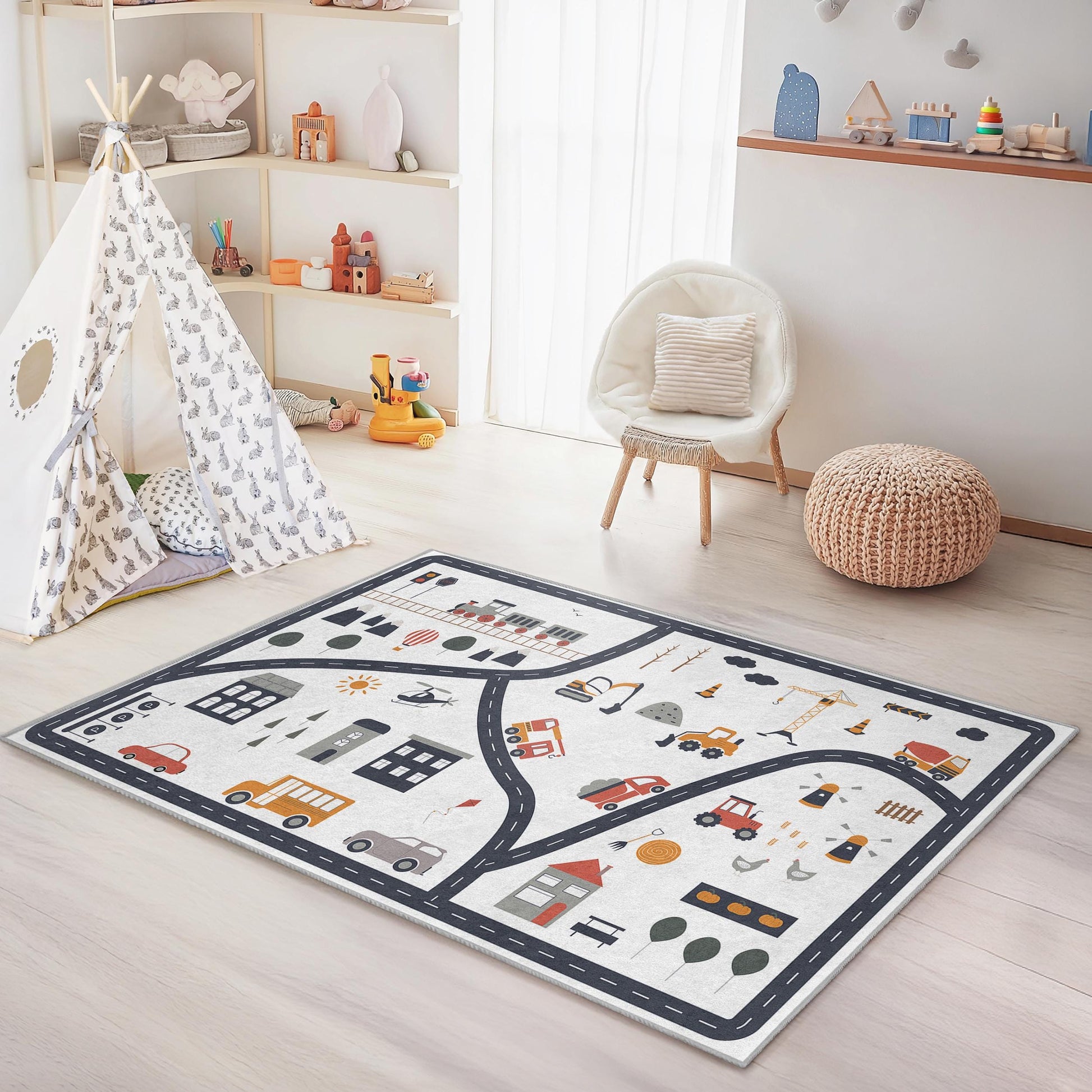 Colorful City Road Play Rug for Kids, Interactive Road Map Carpet, Fun Childrens Play Mat for Nursery, Playroom, and Bedroom