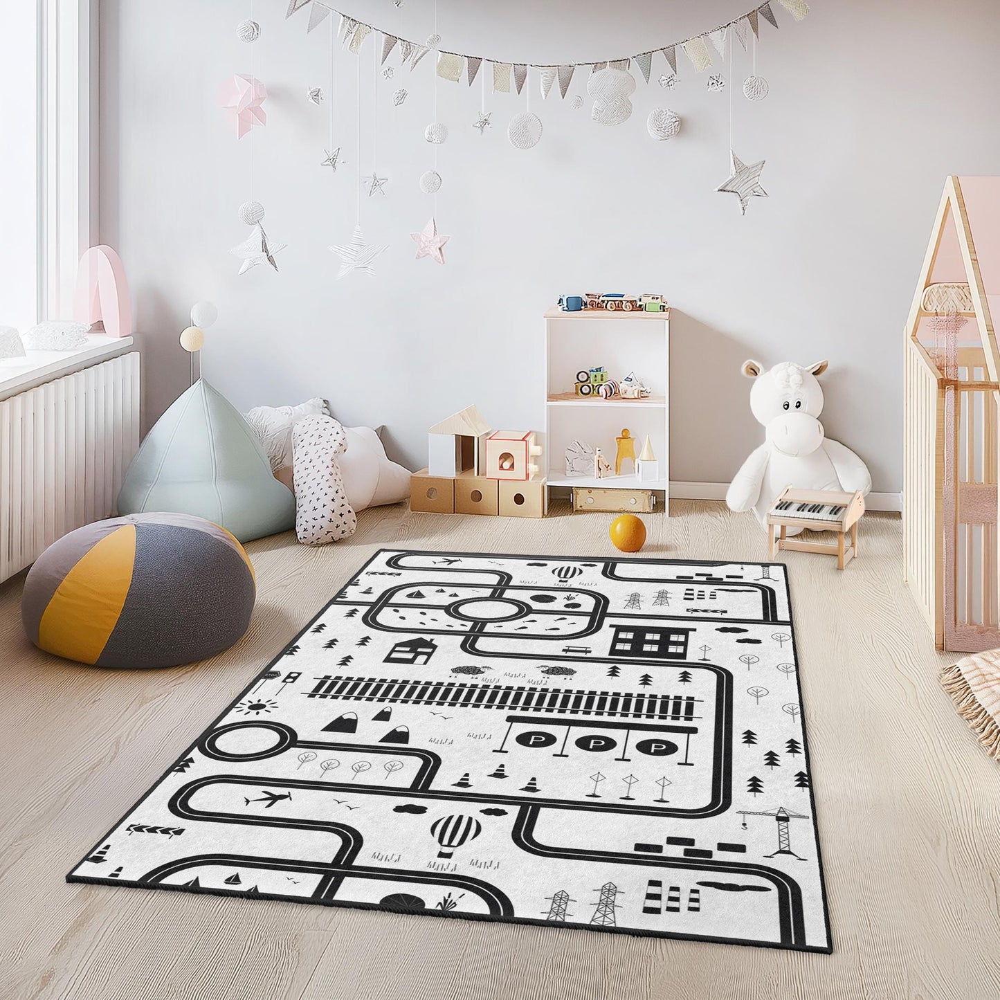 Black and White City Map Kids Play Rug, Rectangle Childrens Carpet, Interactive Play Mat, Nursery Decor, Soft Kids Room Rug