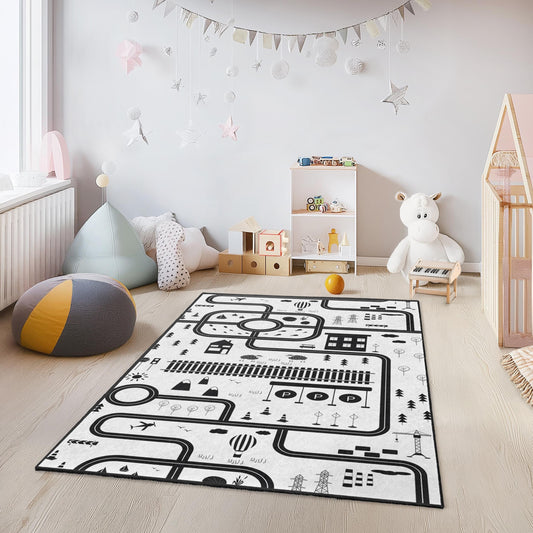 Black and White City Map Kids Play Rug, Rectangle Childrens Carpet, Interactive Play Mat, Nursery Decor, Soft Kids Room Rug