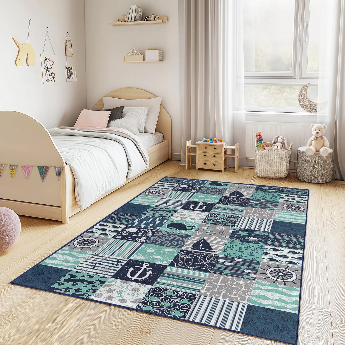 Nautical Themed Rectangle Kids Rug, Ocean Adventure Play Rug, Whale & Sailboat Carpet, Sea Life Nursery Decor