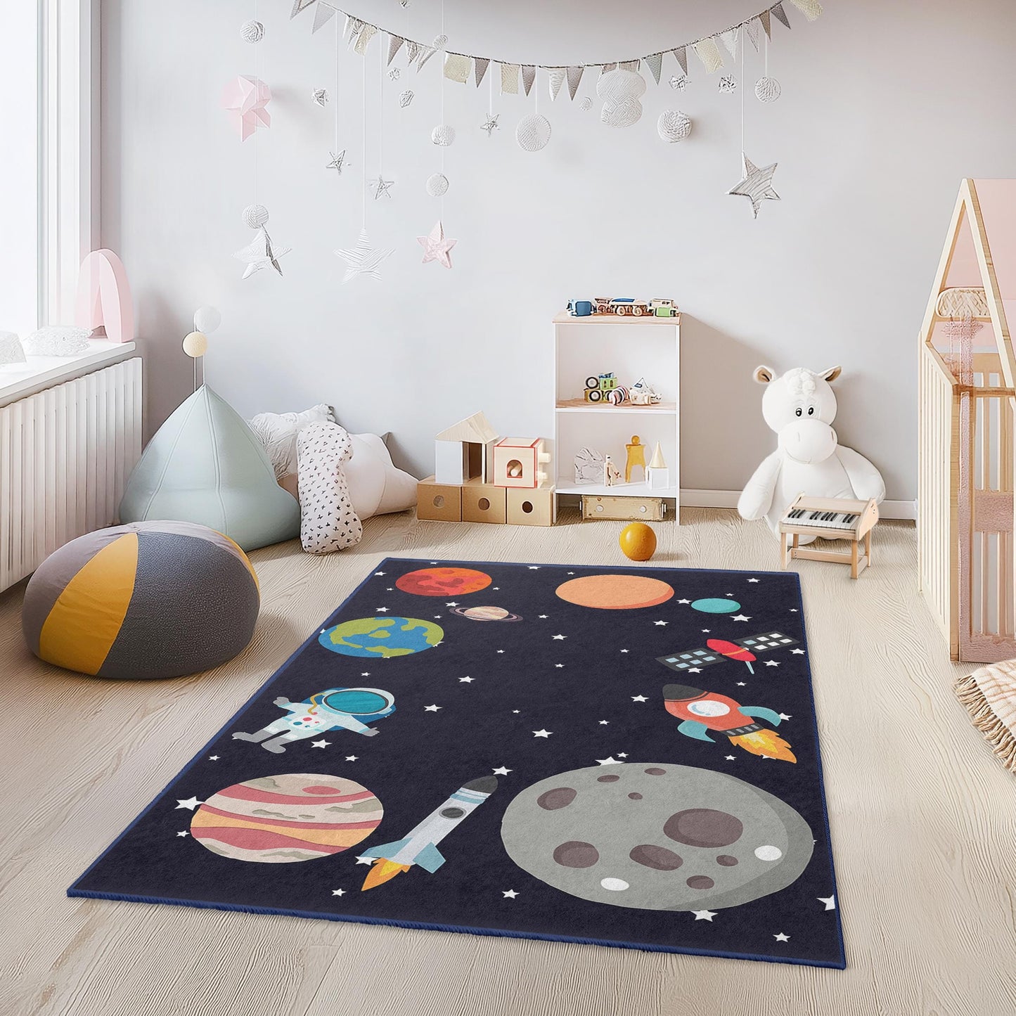 Outer Space Adventure Kids Rug, Rocket Ship and Planet Play Mat, Rectangle Kids Room Carpet, Astronaut Rug for Playroom Decor