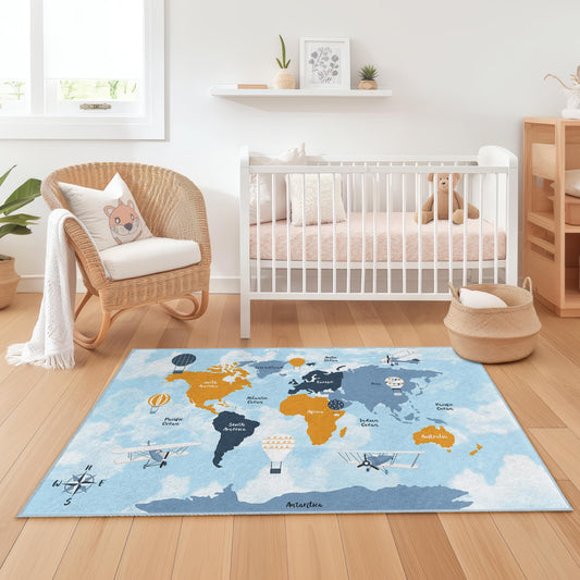 Adventure Map Kids Rug, Travel-Themed Rectangle Rug, World Map Play Mat, Educational Kids Carpet, Soft Nursery Decor