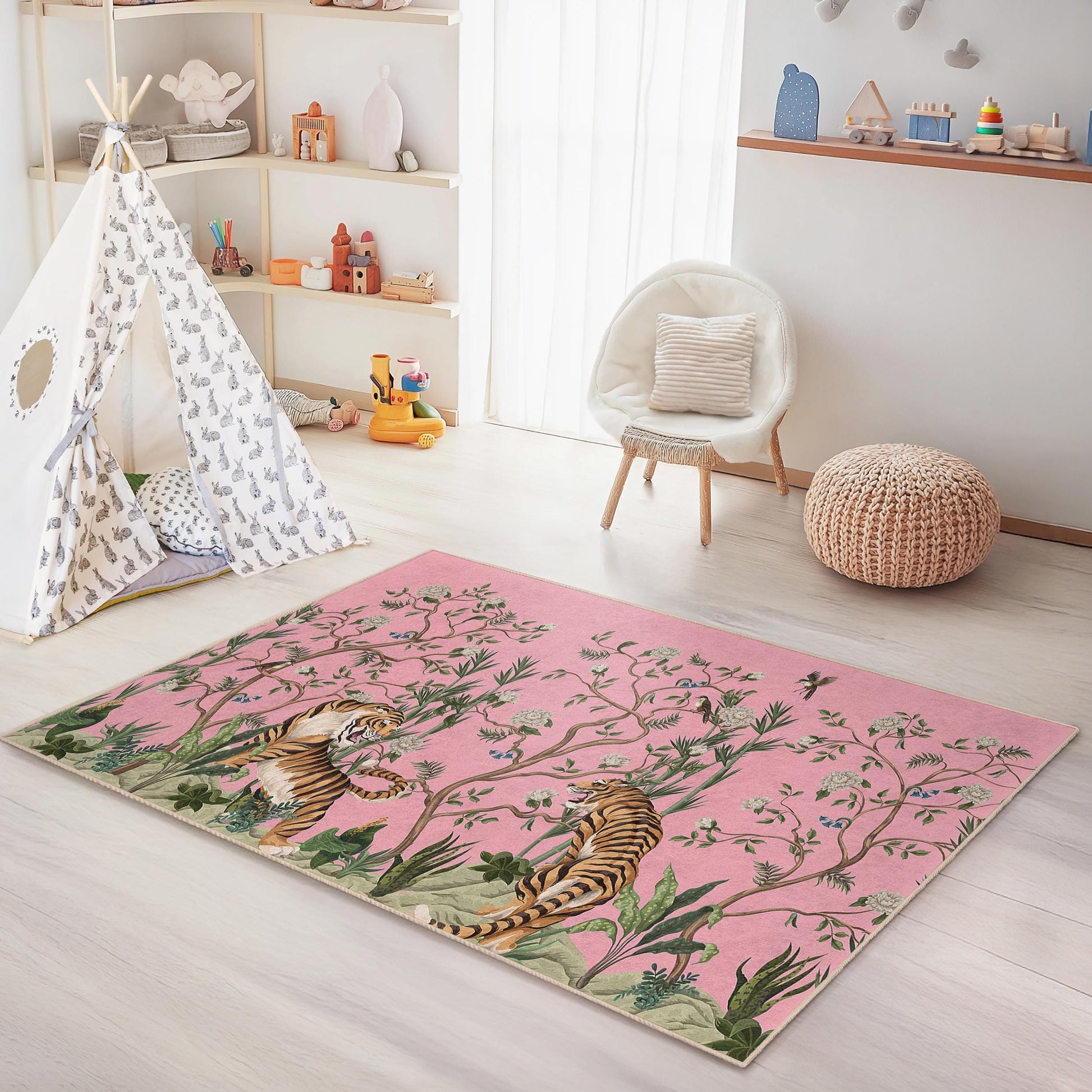 Vibrant Tiger and Floral Kids Rug, Rectangle Play Mat for Children's Room, Jungle Theme Nursery Decor, Soft and Cozy Carpet