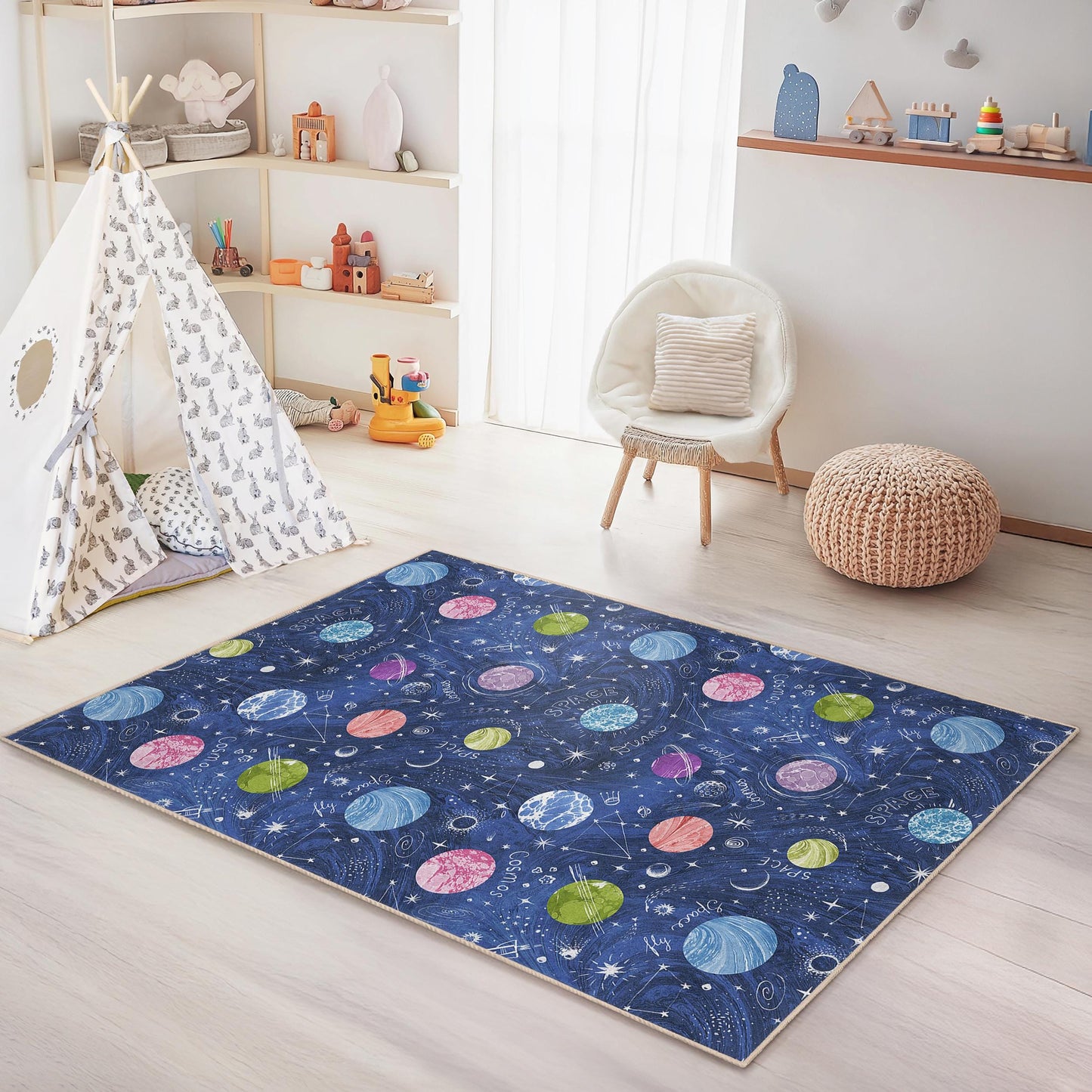 Cosmic Dreams Play Rug for Kids, Space-Themed Kids Area Rug, Rectangular Play Mat for Children's Room, Astronaut Decor
