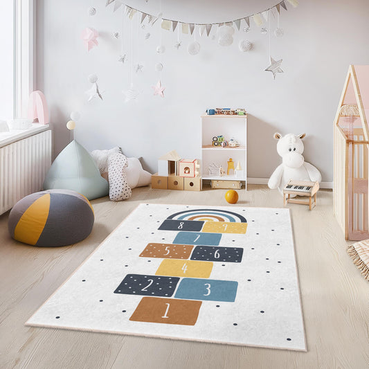 Rainbow Hopscotch Kids Rug, Rectangle Play Mat for Children, Colorful Nursery Decor, Soft Playroom Carpet, Fun Learning Rug
