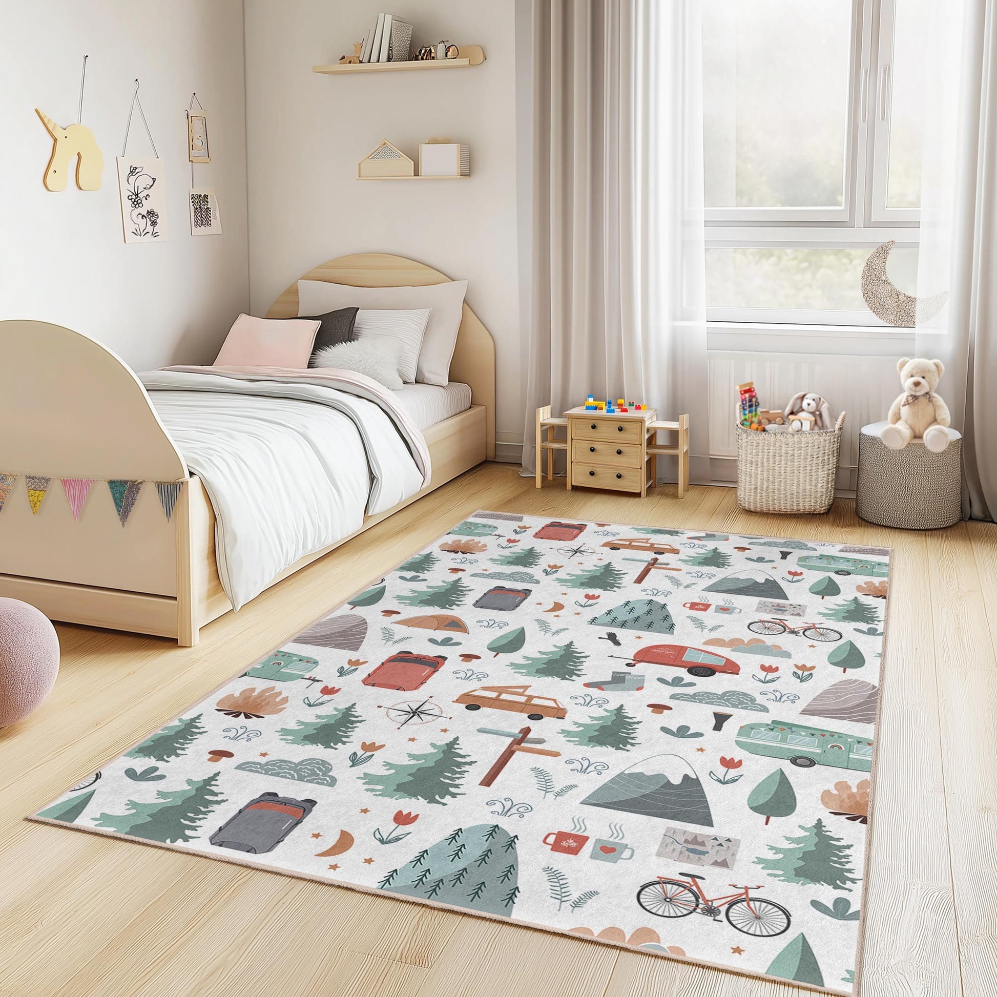 Camping Theme Rectangle Rug, Adventure Awaits Kids Rug, Nature Inspired Play Mat for Children, Outdoor Fun Decor for Kids Room