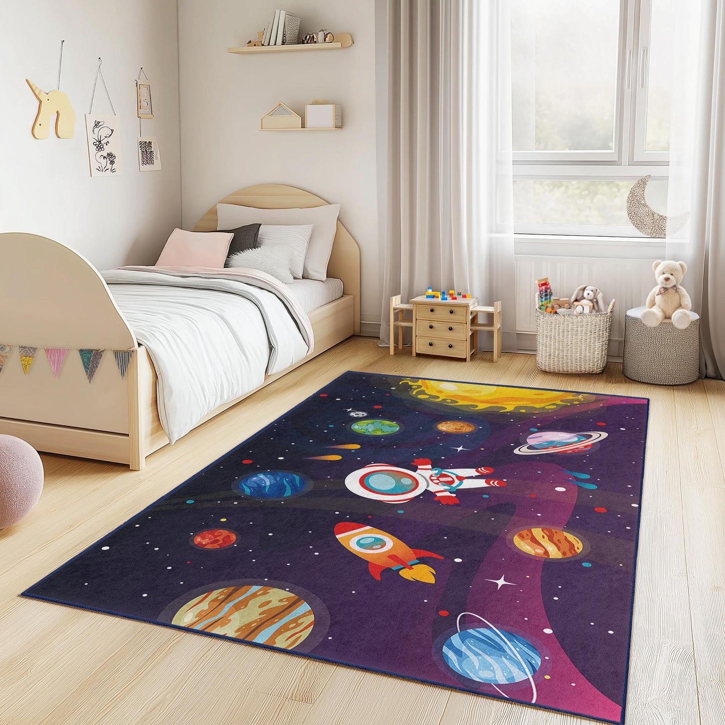 Astronaut and Planets Design, Space Adventure Kids Play Rug, Rectangle Childrens Rug, Cosmic Play Mat for Kids Room, Bedroom Decor