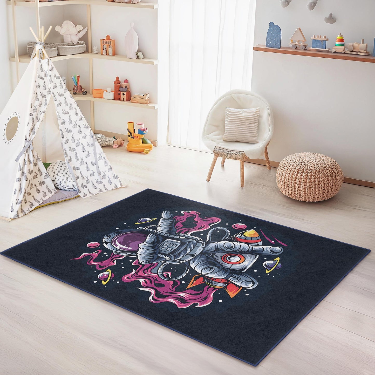 Space Adventure Astronaut Kids Rug, Outer Space Play Mat, Galaxy Themed Rug for Kids Room, Unique Toddler Carpet, Educational Play Rug