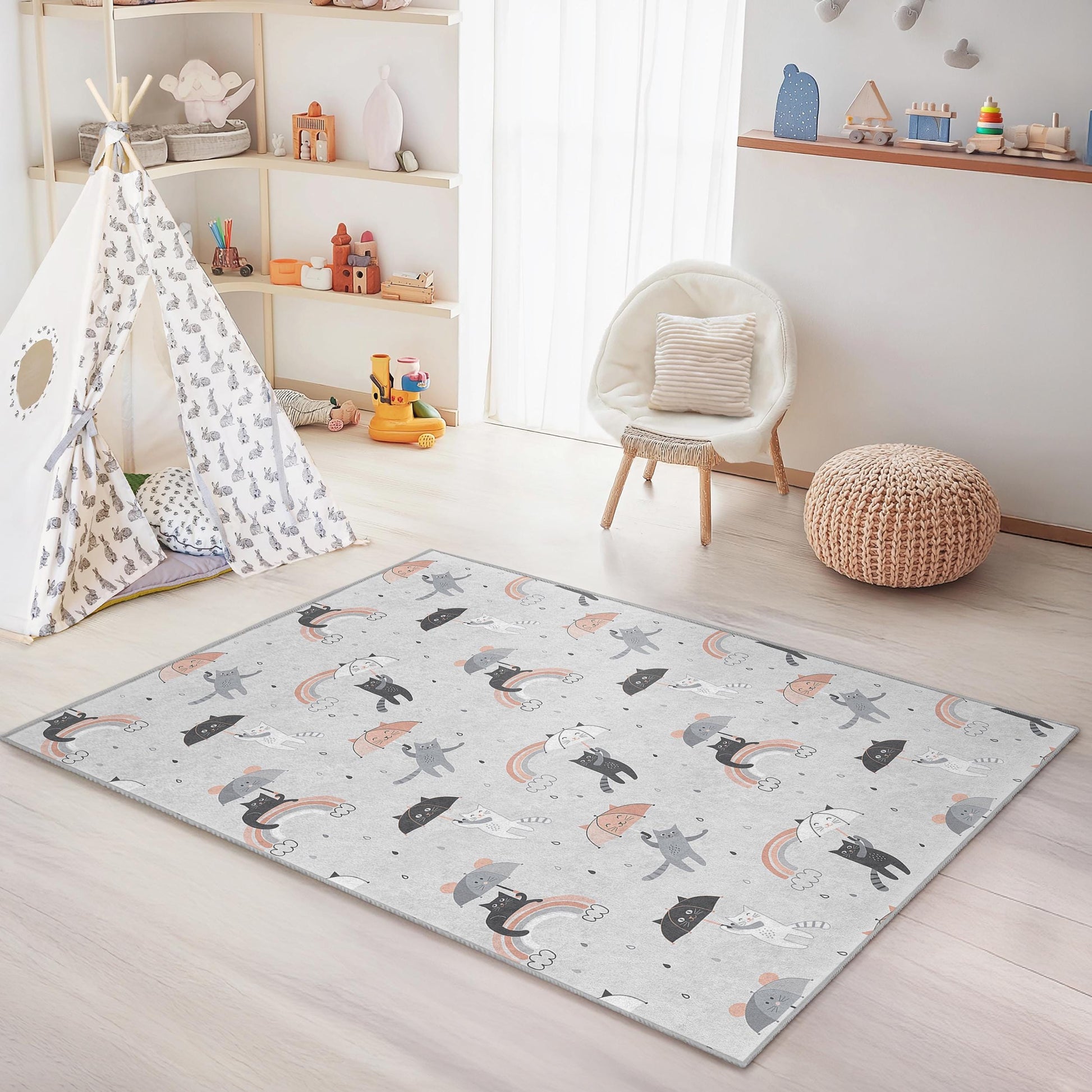 Cat Rainbow Play Rug, Cute Cat Pattern Kids Rug, Rectangular Kids Carpet, Playroom Decor, Soft Nursery Rug for Children