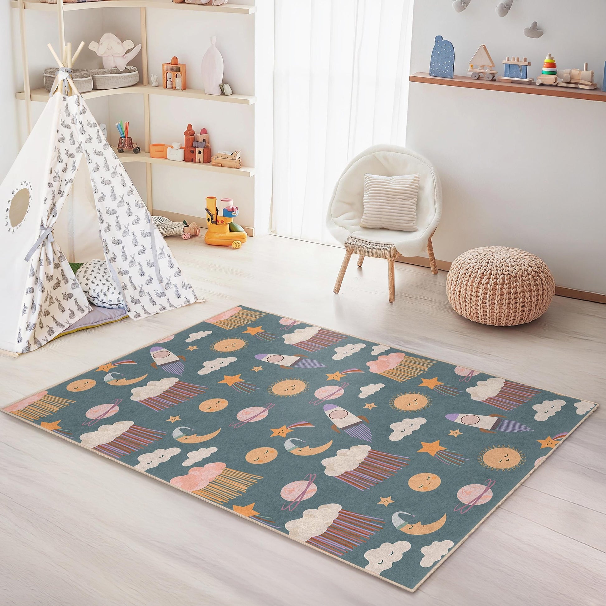Playroom Carpet for Children,Whimsical Space Adventure Kids Rug, Rocket and Planet Rectangle Rug, Nursery Decor,