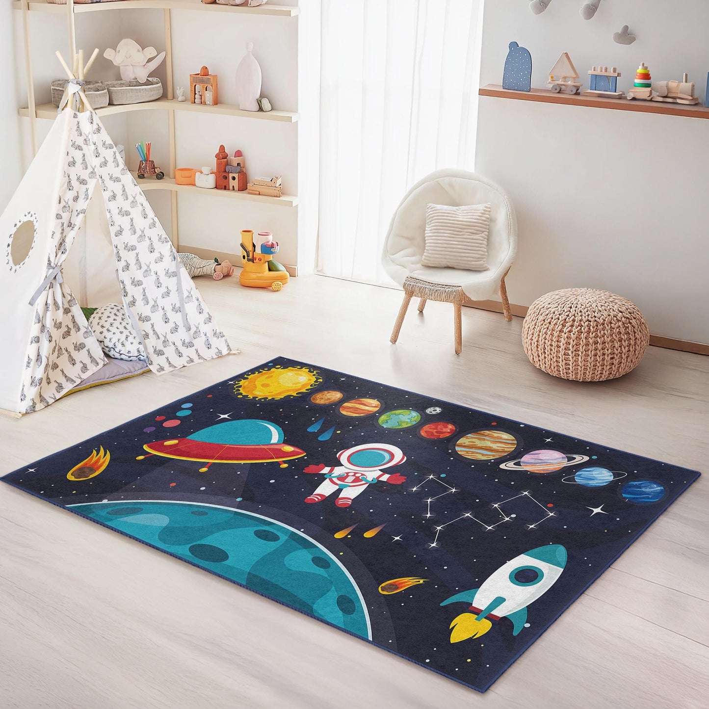 Outer Space Decor, Galaxy Rug, Cosmic Adventure Rectangle Kids Rug, Space Exploration Play Mat, Astronaut Rug for Kids Room,