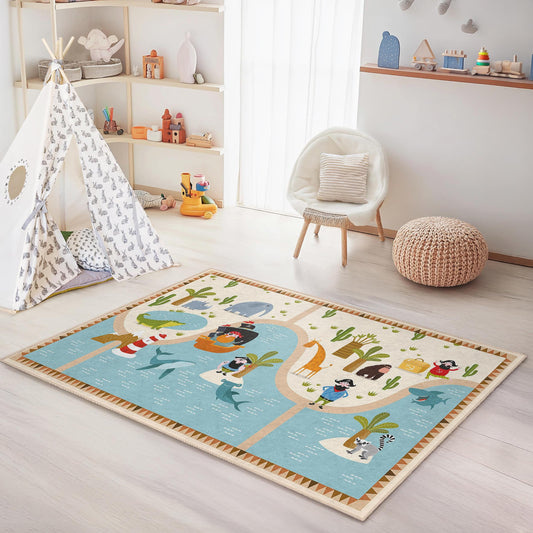 Adventure Island Kids Play Rug, Rectangular Kids Carpet, Playroom Decor, Safari Theme Rug, Soft Nursery Mat, Animal Adventure Rug
