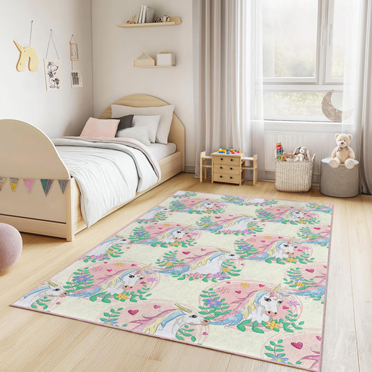 Whimsical Unicorn Kids Rug, Colorful Unicorn Play Mat, Rectangle Kids Room Carpet, Nursery Decor, Soft Playroom Rug