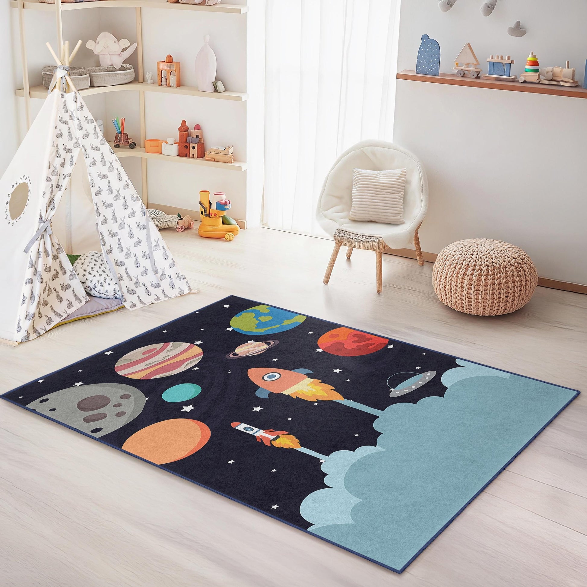 Outer Space Decor, Space Adventure Kids Rug, Rocket and Planet Play Mat, Rectangle Kids Room Carpet, , Nursery Rug