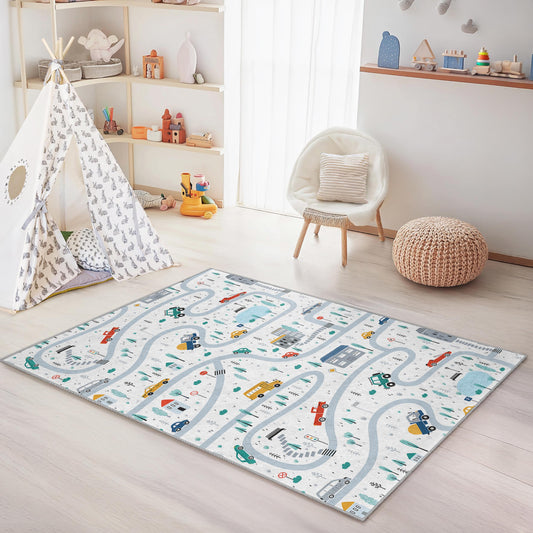 Vibrant Road Map Kids Rug, Playful Rectangle Play Mat, Childrens Room Carpet, Colorful Vehicle Design, Kids Playroom Decor
