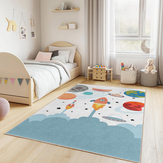 Space Adventure Kids Rug: Rocket & Planet Playroom Decor
