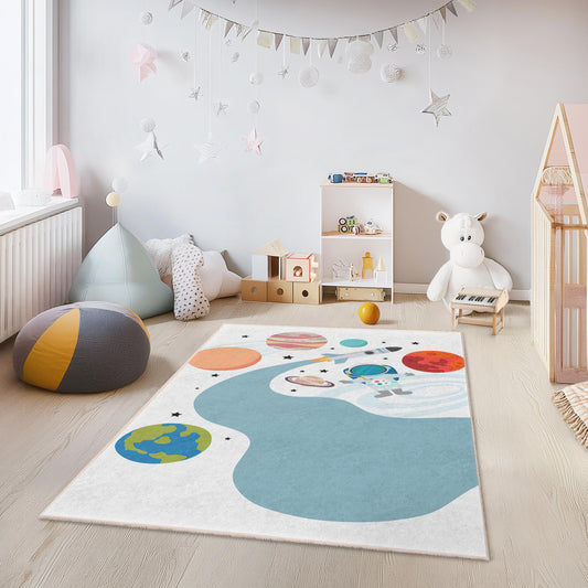 Space Adventure Kids Play Rug, Astronaut Carpet for Kids Room, Rectangular Play Mat, Galaxy Decor, Toddler Playroom Rug
