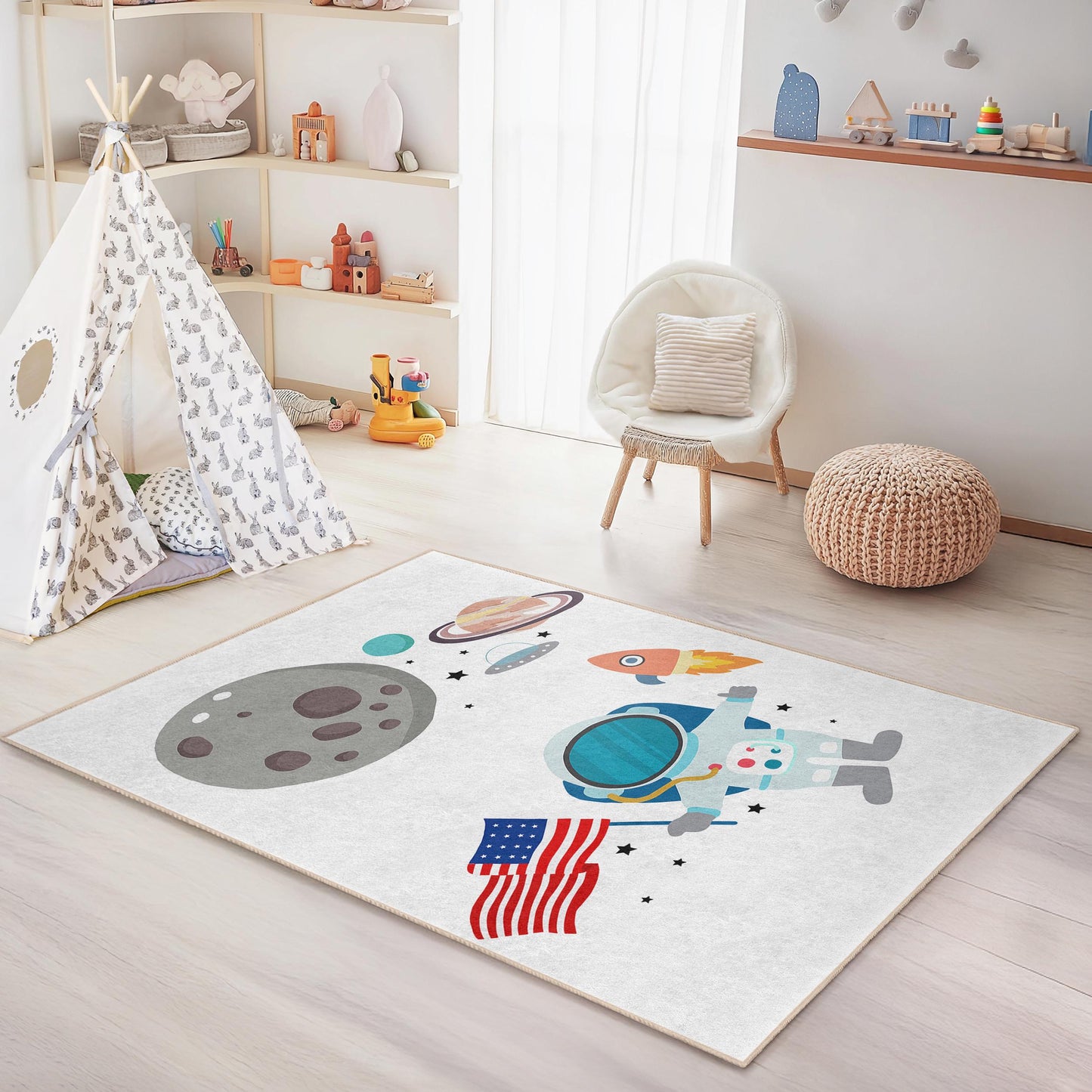 Galaxy Decor, Astronaut Space Adventure Kids Rug, Rectangular Play Mat, Space Theme Carpet for Children's Room, Kids Room Rug