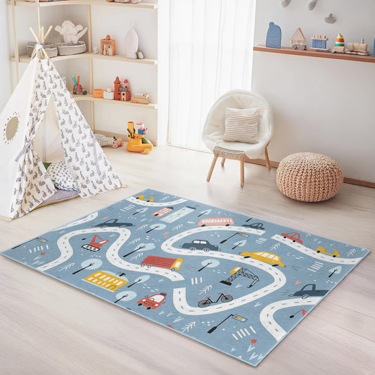 Soft Play Mat for Children's Room,Colorful Road Map Kids Area Rug, Playful Rectangular Kids Carpet, Nursery Decor