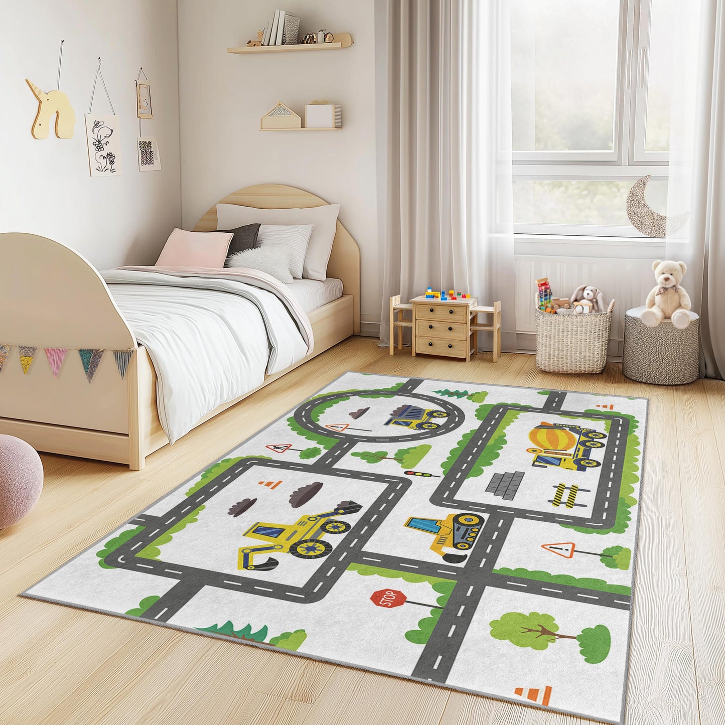 Truck & Vehicle Themed Rectangular Rug,Construction Zone Kids Play Rug, Playroom Carpet for Children, Nursery Decor, Soft Play Mat