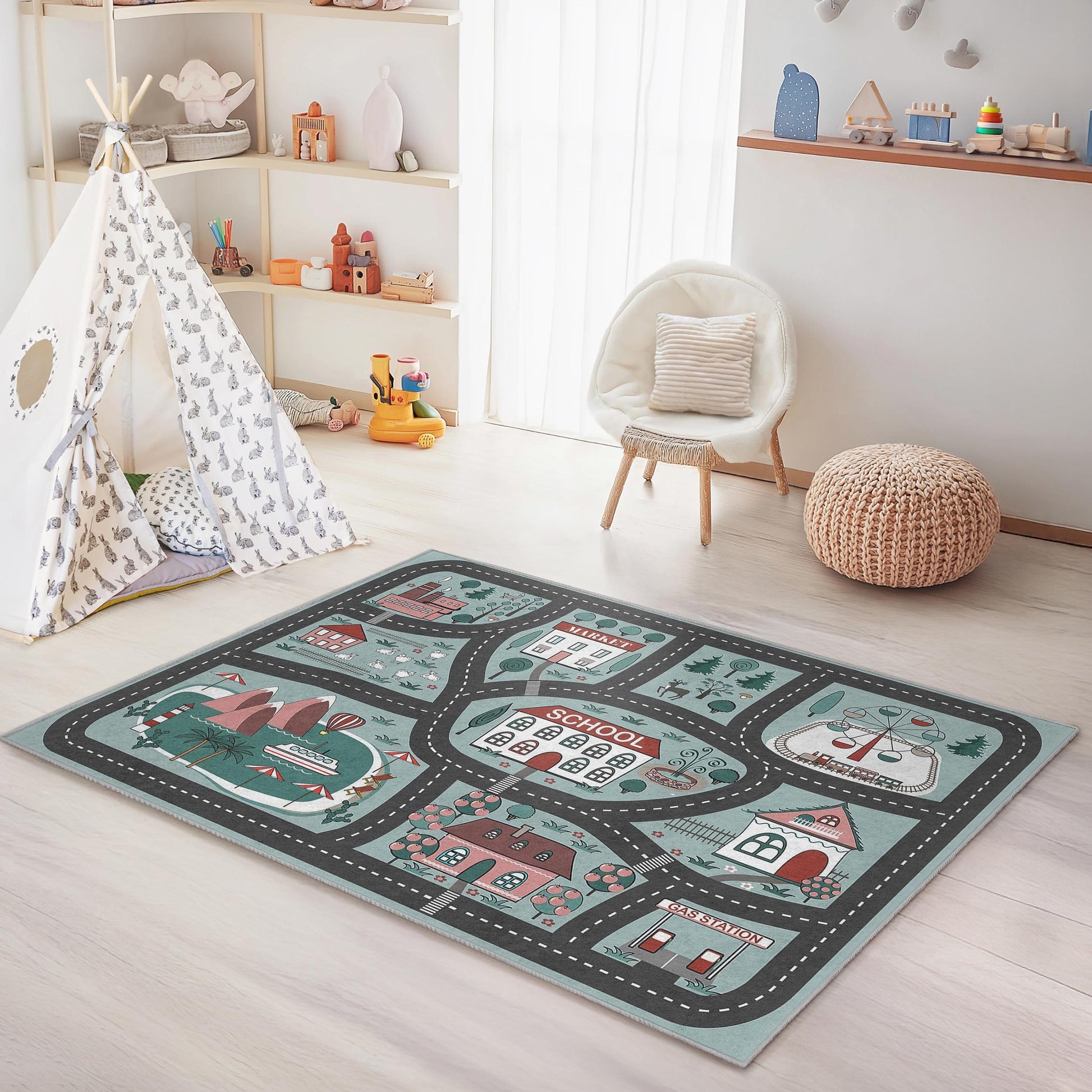 Playful City Roads Kids Rug, Interactive Rectangle Rug for Playroom, School Theme Kids Carpet, Soft Play Mat for Children