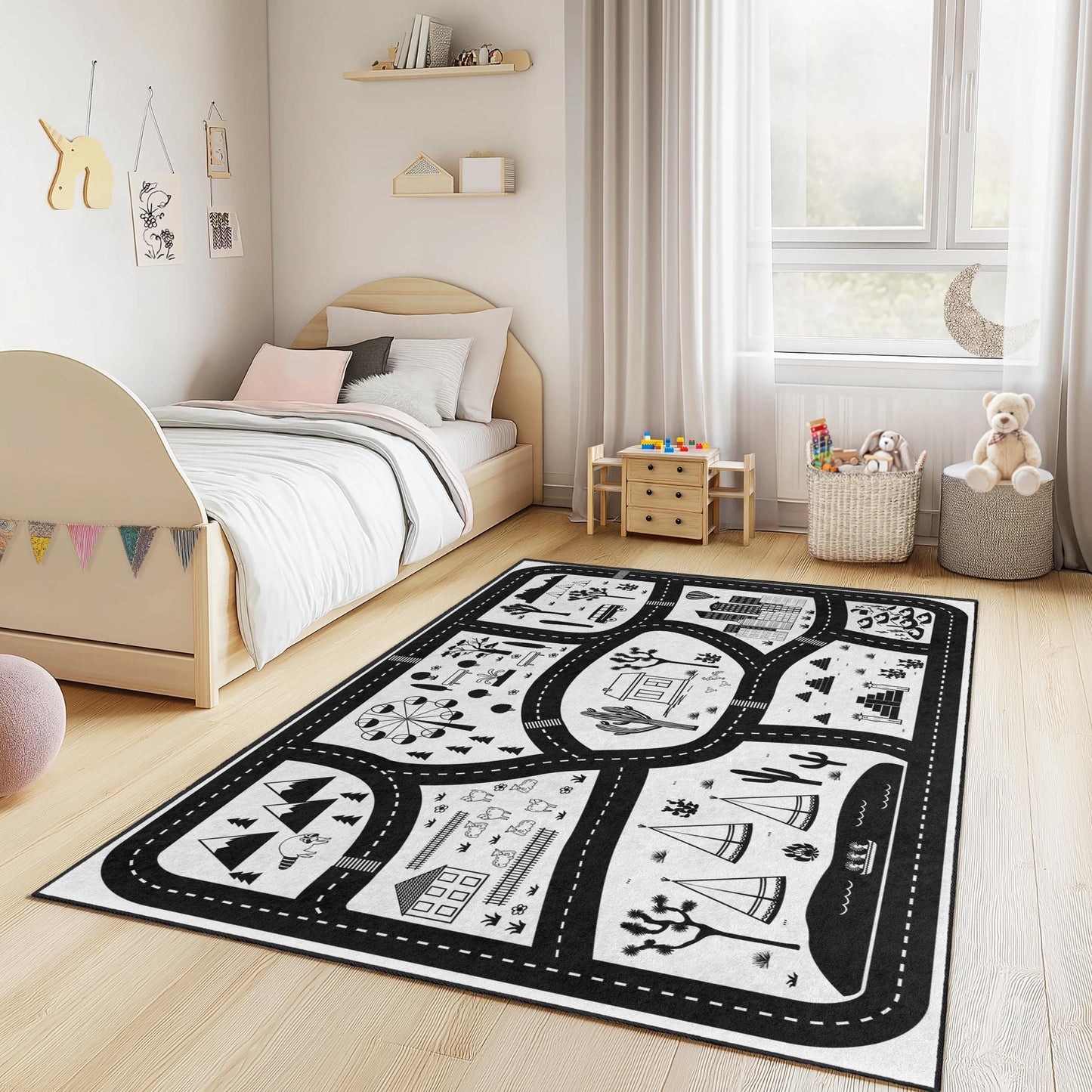 Adventure Road Map Kids Rug, Black and White Children's Play Mat, Rectangle Kids Rug, Fun Playroom Decor, Soft Children's Carpet