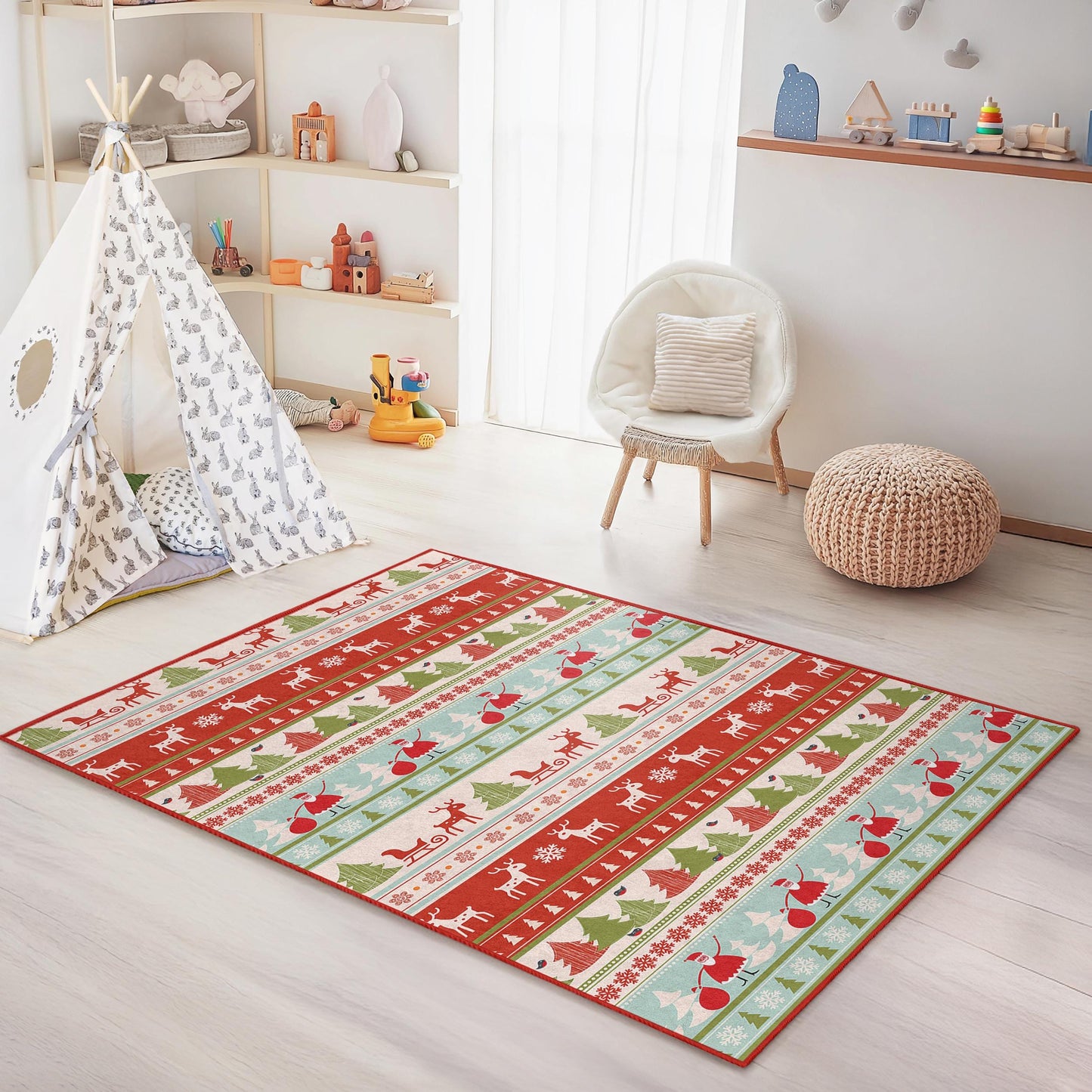 Festive Holiday Kids Rug, Rectangular Christmas Play Mat, Santa Reindeer Rug, Kids Room Decor, Christmas Tree Carpet