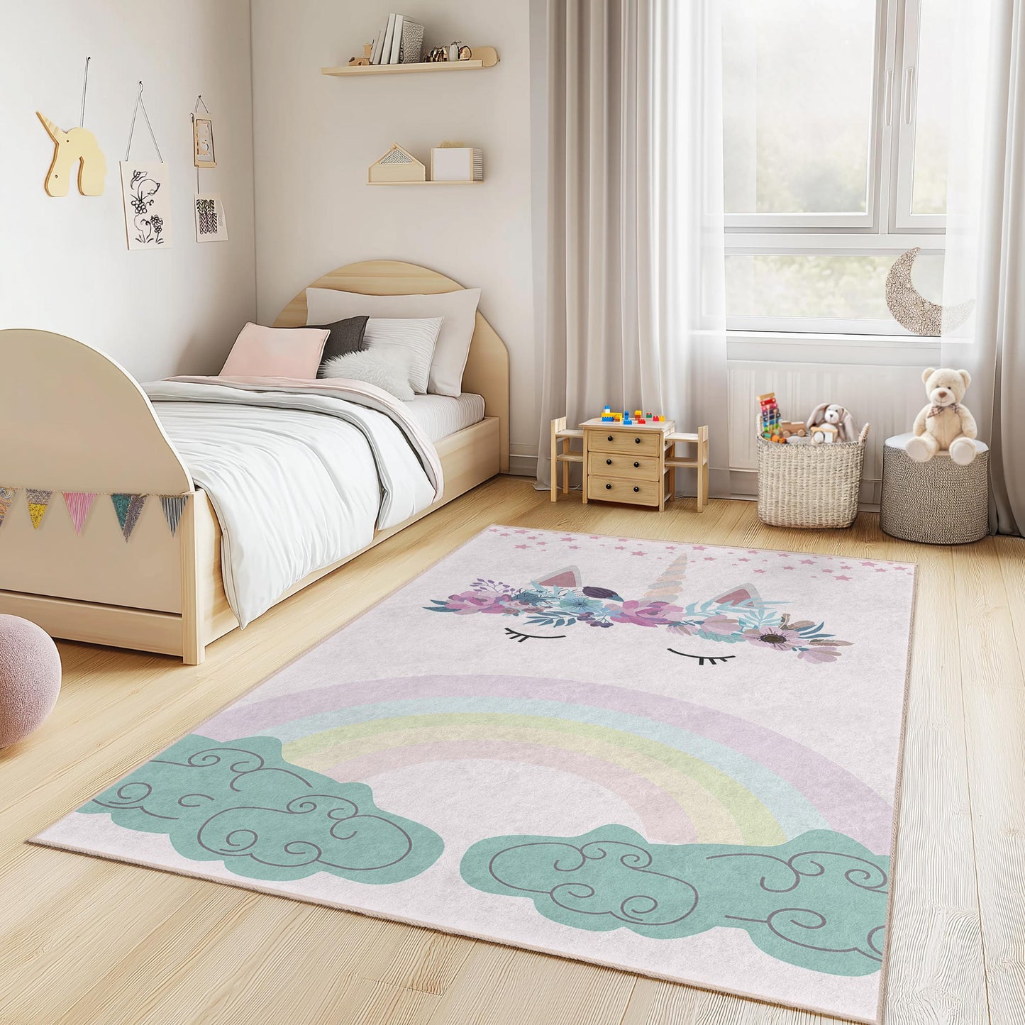 Whimsical Unicorn Kids Rug, Rainbow Theme Play Mat, Rectangle Children's Carpet, Nursery Decor, Flower Design Play Rug