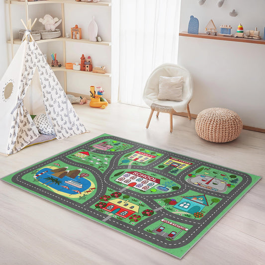 Educational Play Area Carpet,Colorful City Map Kids Play Rug, Rectangular Play Mat for Childrens Room, Soft Nursery Decor