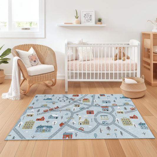 Colorful City Map Rectangular Kids Rug, Playroom Carpet, Road Theme Area Rug, Soft Nursery Decor, Kids Room Accessories