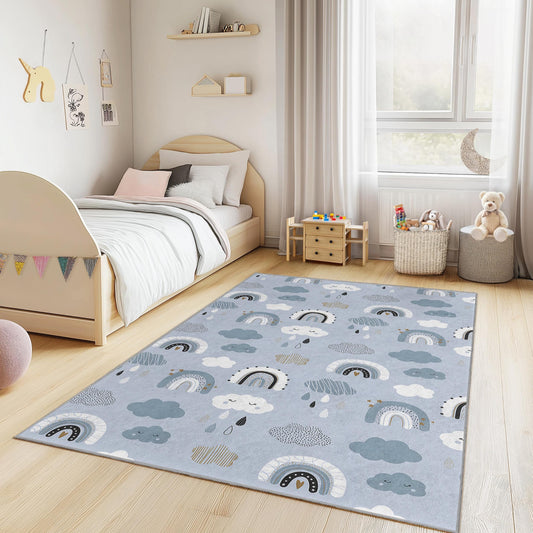 Cute Rainbow Pattern Rectangular Kids Rug, Soft Nursery Carpet, Playroom Decor, Clouds and Rainbows Rug, Adorable Kids Room Rug