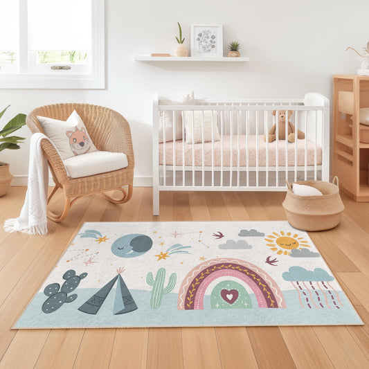 Whimsical Desert Landscape Kids Rug, Colorful Kids Room Carpet, Rectangle Playroom Rug, Nursery Decor, Soft Play Mat for Children
