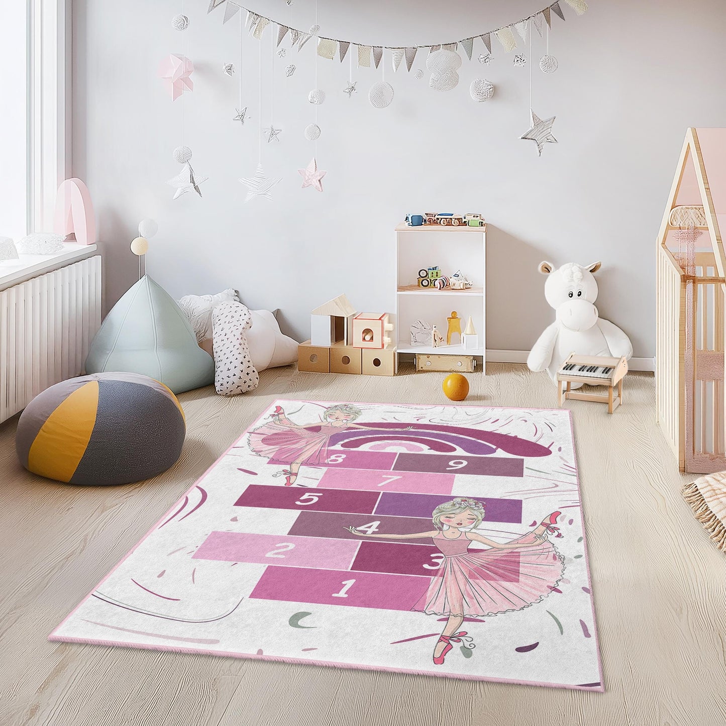 Ballet Dance Hopscotch Rug, Pink Kids Play Rug, Rectangle Childrens Rug, Nursery Decor, Soft Play Mat for Girls
