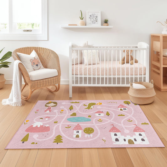 Princess Castle Adventure Kids Rug, Pink Play Mat for Girls, Rectangular Fairy Tale Rug, Kids Room Decor, Playroom Carpet