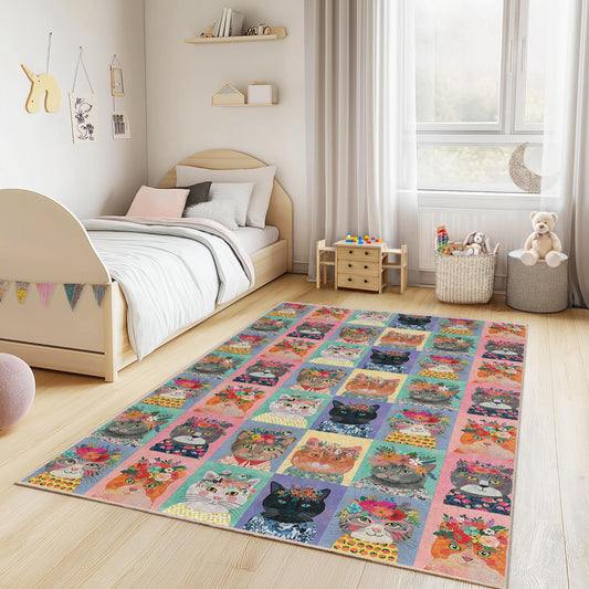 Floral Cat Pattern Kids Rug, Rectangular Cat Rug for Children's Room, Playroom Decor, Cute Cat Carpet, Colorful Cat Area Rug